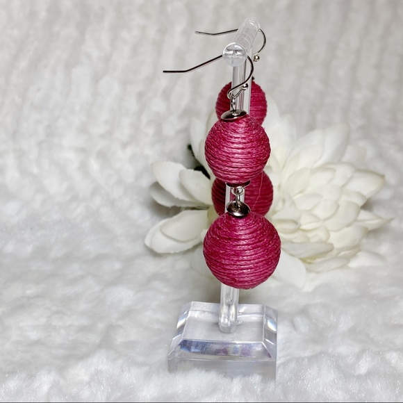 Pink Bonbon Thread Wrapped Ball Dangle Earrings - Picture 3 of 3